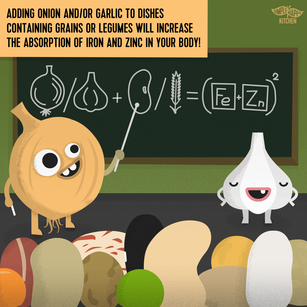 Onion + Garlic + legumes and grains = More Iron and Zinc Simple Happy